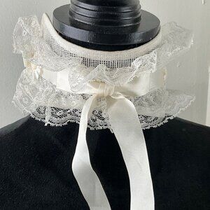 Vintage White Lace Victorian Style Ruffled Head Band Satin Ribbon Tie & Floral A